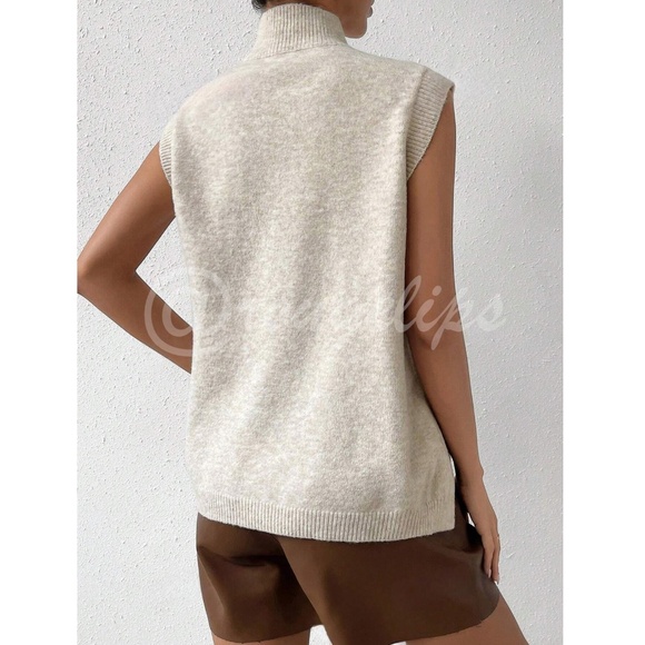 Beige High Neck Knit Vest Sleeveless Sweater Top Side Slits - Picture 4 of 14